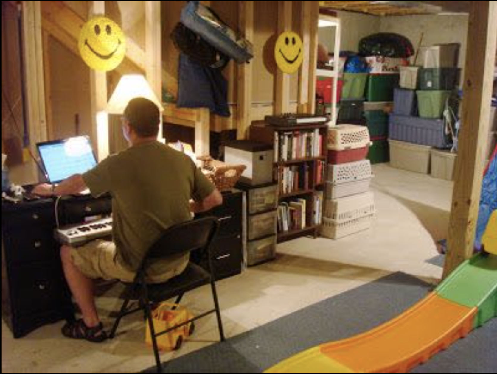 basement man computer smiley faces desk office
